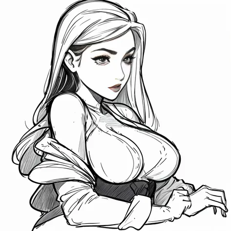 Coloring book for adults. Only black and white. low detail only main line. beautiful sensual nude and erotic woman with massive breasts. The breasts are not covered by anything. white background. white colors. full body view of blonde woman. (Ultra detaile...