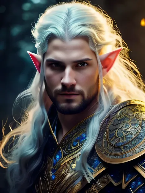 Strong waist-high man, elf, direct gaze, very neat ears, elf swinging a ball at someone, pastel colors, intricate details, fantasy, universe, complex magical embroidery, highly detailed hair, white thick hair, highly detailed eyes, calm face, [ Elden Ring ...