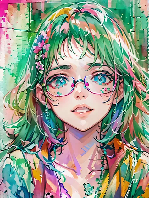 watercolor painting, 8K resolution、((highest quality))、((masterpiece))、((Super detailed))、1 female、alone、((incredibly absurd))、 (((most beautiful girl ever))), (((stylish glasses))), lips in love, skull fashion、neon、small breasts, (((skull doodle art))), c...