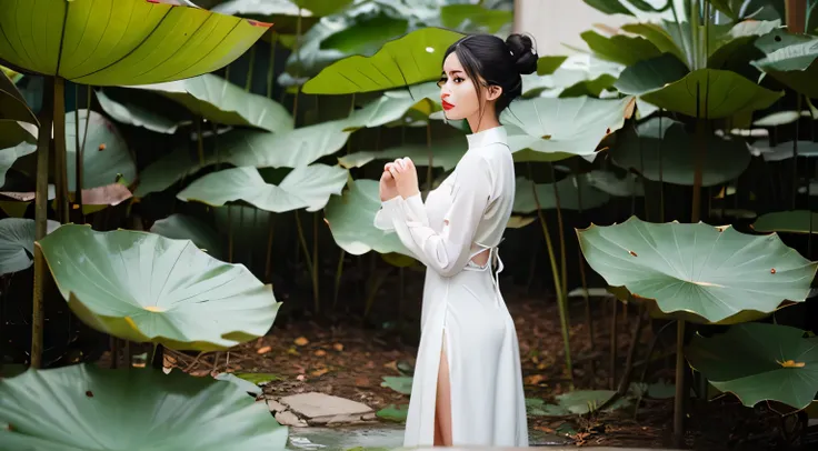 Girl, standing there, giant lotus leaves, black hair, dress, looking at the viewer, white dress, bun, single bun, leaves, long sleeves, red lips, realistic