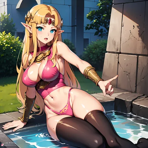 erotic anime girl in pink bikini laying in pool, wet, princess zelda, commission for high res, portrait of princess zelda, elf princess, sweaty, wearing see through leggings, from legend of zelda, portrait of zelda, zelda, detailed fanart, elf girl, zelda ...