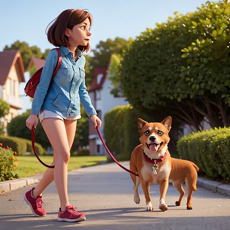 Woman struggling to walk a dog on a leash 