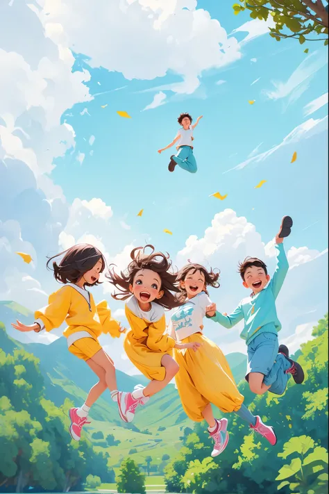 better quality，Young people jumping for joy，Blue sky and white clouds，natural scenery