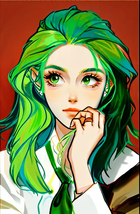 A beautiful girl with long hair，nice shirt，green hair