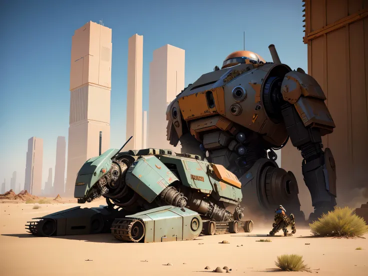 Abandoned large mecha，discard useless，（Tattered mech），（Rusty），Giant mecha lying down，there is a large robot sitting on the ground in the desert, by Craig Mullins, beeple and jean giraud, craig mullins nekro, pascal blanche,