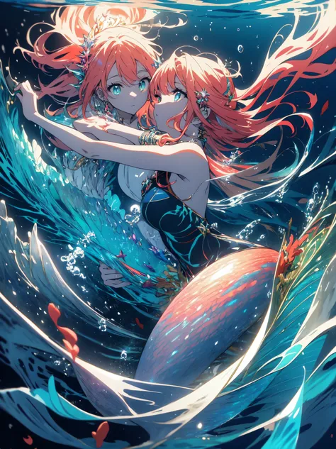 (highest quality、masterpiece、beautiful anime、detailed glowing eyes)、one beautiful female mermaid、play the harp、transparent underwater、coral