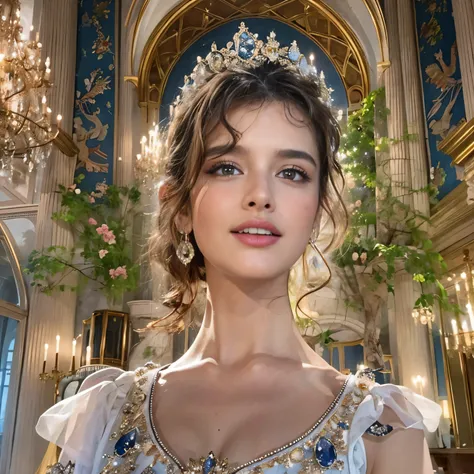 in the splendor of a magnificent palace, a princess in a court-style dress poses with a seductive smile. her princess dress has ...