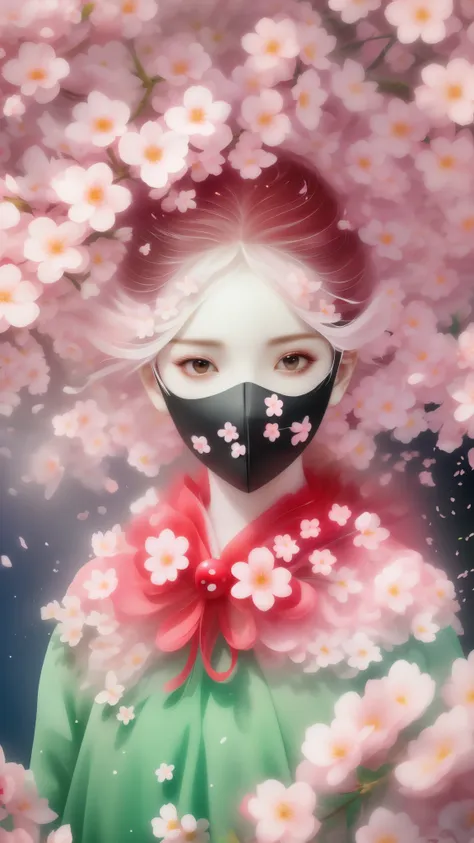 mask in cherry blossoms，white mask surrounded by cherry blossoms，3d mask，cut-out mask，black，red，green，light and shadow，actual si...