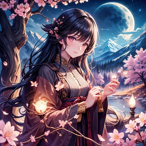 masterpiece, best quality, night, mountain, full moon, long black hair, woman, firefly, stars, mysterious cherry blossom tree, p...