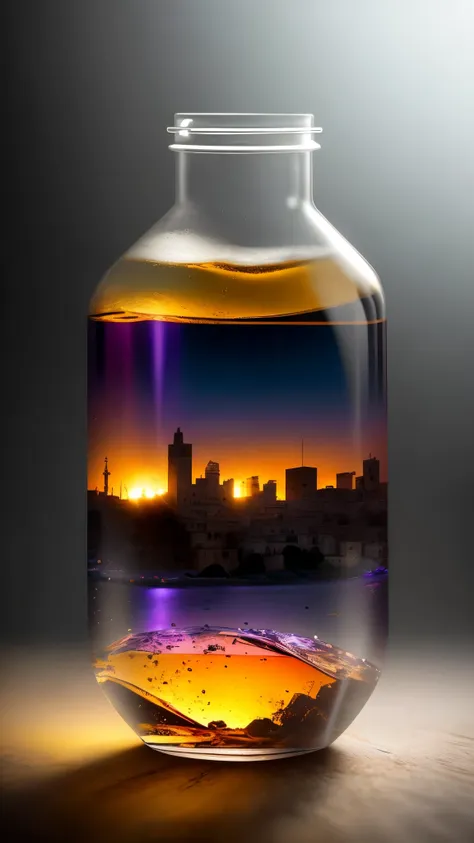 realistic city of matera in a bottle，atmospheric light refraction，photo by lee jeffries，nikon d850 film stock photo 4 kodak port...