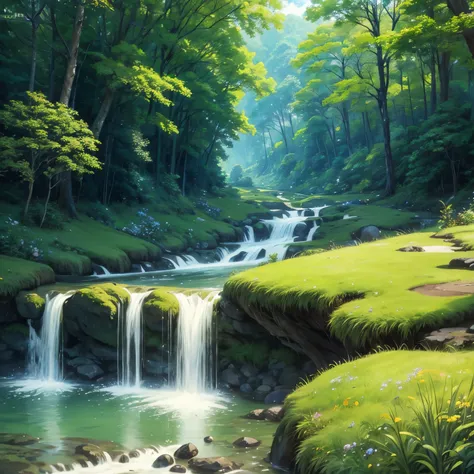 painting of a small stream flowing through a dense green forest，lush trees, detailed 4k, mountains, rivers and trees, anime land...