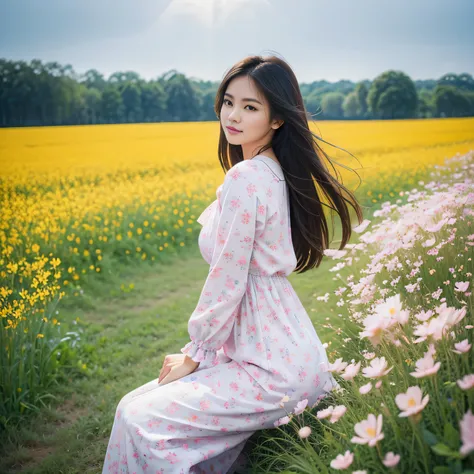 TYPE : Beauty Photography
THEME : natural
RACE : Indonesian, young
PERSON 1 : Early 20s, woman
SCENE : outdoor , sitting in the middle of a field of very tall and beautiful flower field, side view , full filled with tall flower field, creating an beauty at...