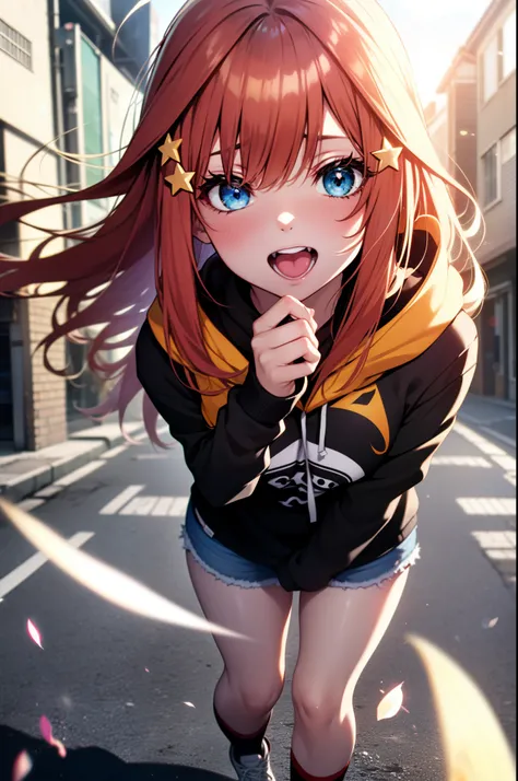 itsukinakano, Itsuki Nakano, bangs, blue eyes, hair between eyes, Ahoge, redhead, star (symbol), hair ornaments, star hair ornaments,smile,blush,wearing a hood,red oversized hoodie,shorts,white knee high socks,high cut sneakers,(great laugh:1.1), (open you...