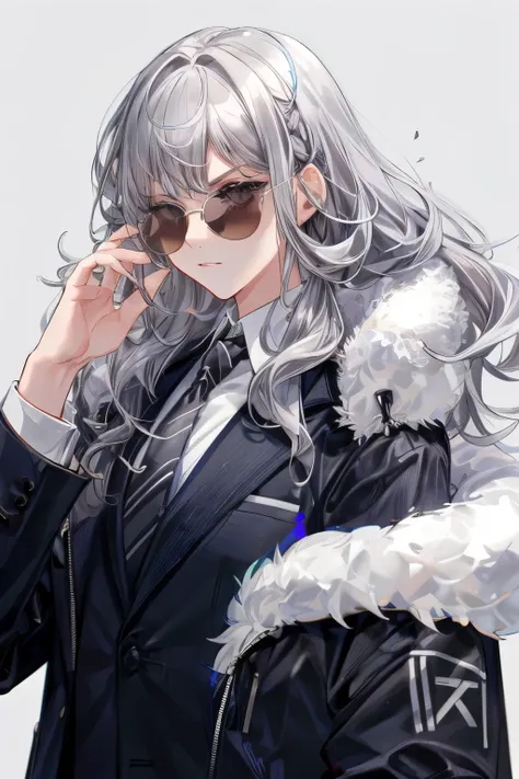 drag sister，grey hair，entj，sunglasses，shoulder-length-hair，((wavy hair))，(haven't bangs)，serious，suit and tie