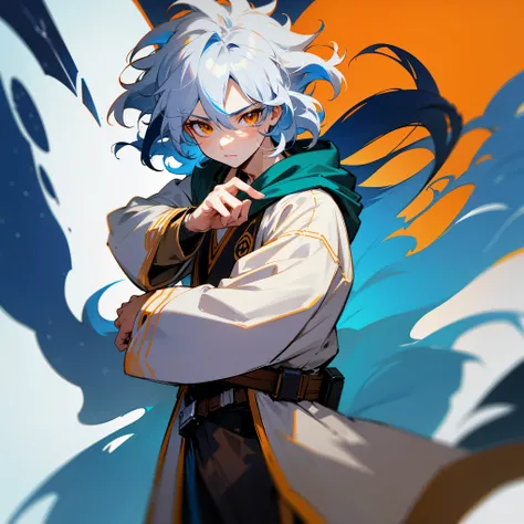 1male , Wild Hair , White Hair , Highlited Dark Blue Hair , Multicolored Hair , White and Dark Blue Hair , Curly Hair , Wavy Hair , Long Hair , Jedi Clothing , Calm Expression , Orange Eyes , Longsleeve Clothing , Fitted Sleeves,Fitted Clothing, Young Male...