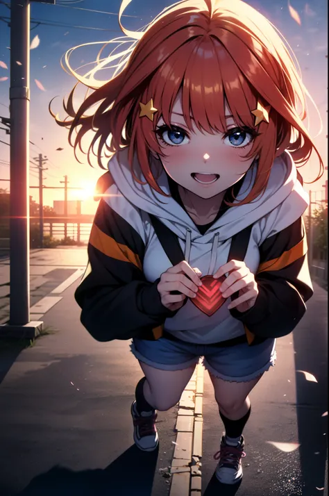 itsukinakano, Itsuki Nakano, bangs, Ahoge, redhead, star (symbol), both sides closed,hair ornaments, star hair ornaments,smile,blush,wearing a hood,red oversized hoodie,shorts,white knee high socks,high cut sneakers,(great laugh:1.1), (open your mouth:1.1)...