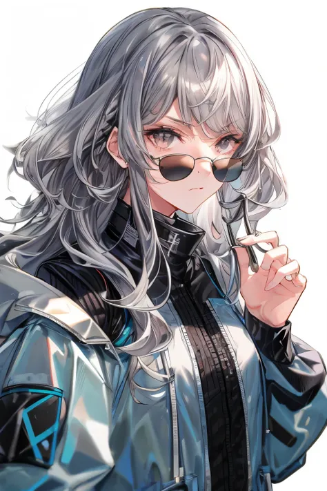 Drag sister，grey hair，ENTJ，sunglasses，Shoulder-length hair，((Wavy Hair))，(havent bangs)，Serious