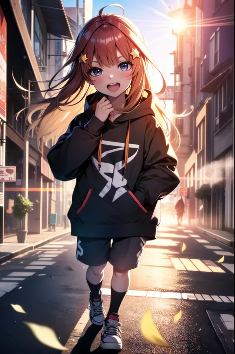 itsukinakano, Itsuki Nakano, bangs, Ahoge, redhead, star (symbol), both sides closed,hair ornaments, star hair ornaments,smile,blush,wearing a hood,red oversized hoodie,shorts,white knee high socks,high cut sneakers,(great laugh:1.1), (open your mouth:1.1)...