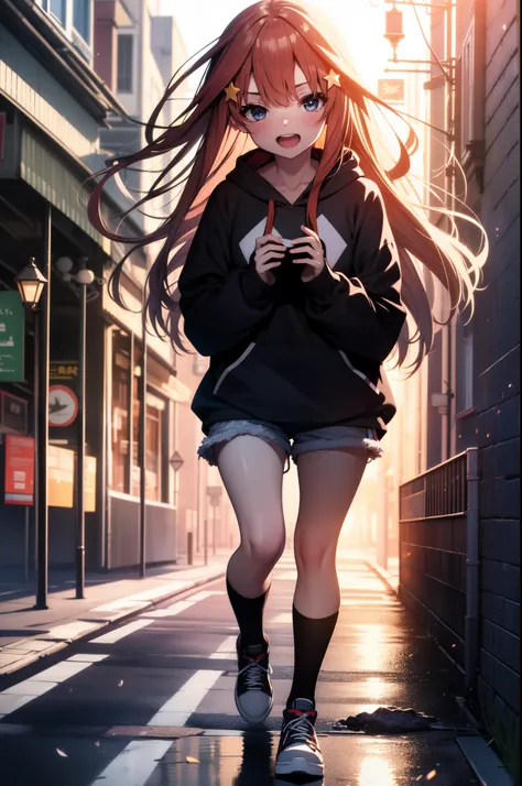 itsukinakano, Itsuki Nakano, bangs, Ahoge, redhead, star (symbol), close both eyes,hair ornaments, star hair ornaments,smile,blush,wearing a hood,red oversized hoodie,shorts,white knee high socks,high cut sneakers,(great laugh:1.1), (open your mouth:1.1), ...