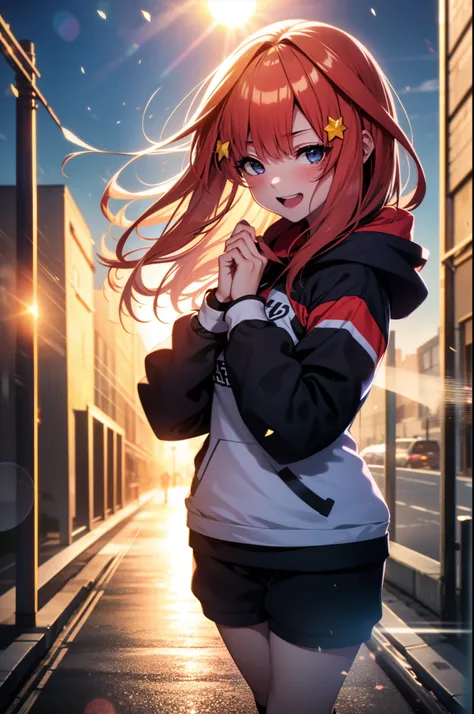 itsukinakano, Itsuki Nakano, bangs, Ahoge, redhead, star (symbol), close both eyes,hair ornaments, star hair ornaments,smile,blush,wearing a hood,red oversized hoodie,shorts,white knee high socks,high cut sneakers,(great laugh:1.1), (open your mouth:1.1), ...