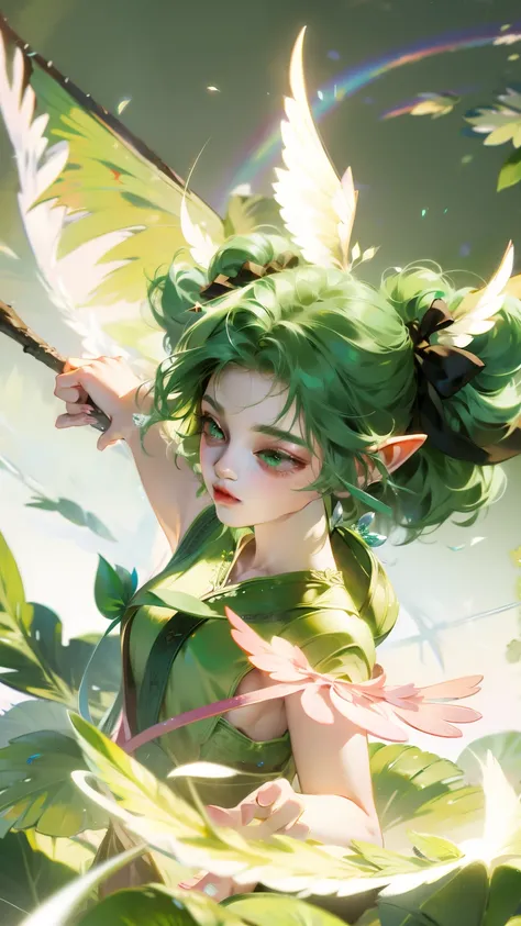 Wearing green and black clothing、Anime girl with wings and green background, Elf character, Fairy, forest Fairy, Insect trainer girl, brunette elf with Fairy wings, Elf, Cute 3D anime girl rendering, April rendering, Fairy dance, Dynamic sense
