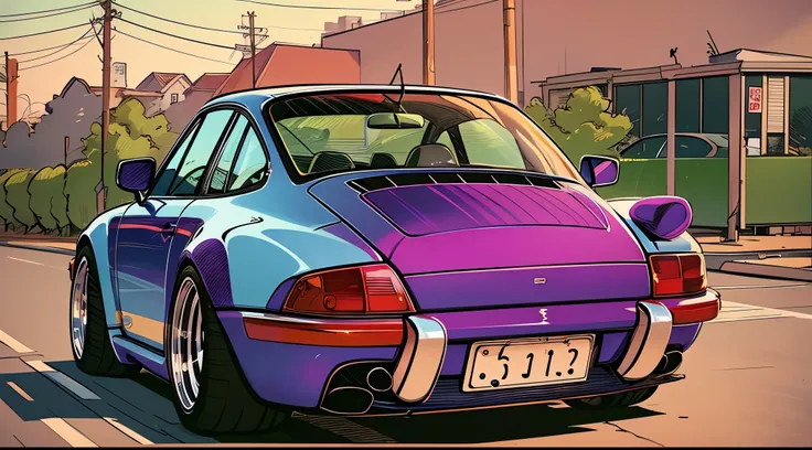 
Porsche 911 rwb, wide body, sketch, 
cartoonish, comic strip, Chip Foose car rendering, chrome wheels, bagged, slammed to the ground, empty parkinglot, style dessin manga, couleur