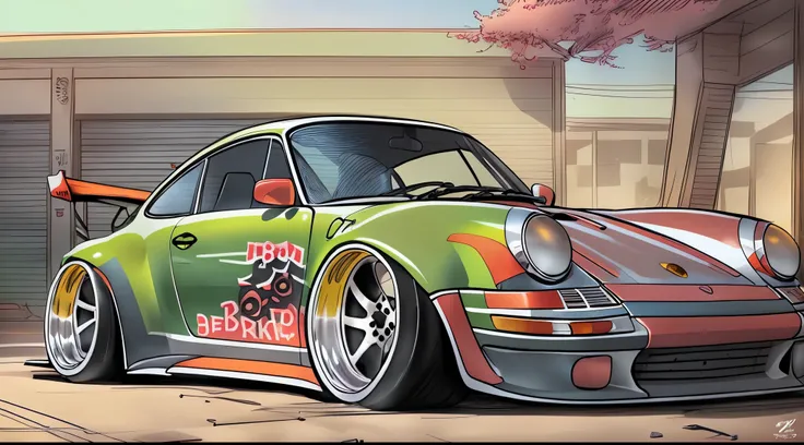 Porsche 911 rwb, wide body, sketch,
cartoonish, comic strip, Chip Foose car rendering, chrome wheels, bagged, slammed to the ground, empty parkinglot, style dessin manga, couleur