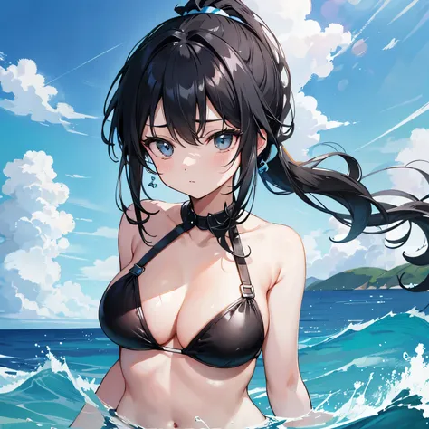 black hair、black eye、ponytail、light blue bikini、Sea