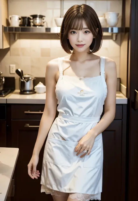 (((kitchen:1.3, indoor, photographed from the front))), ((medium bob:1.3,lace apron, japanese woman, cute)), (clean, natural mak...