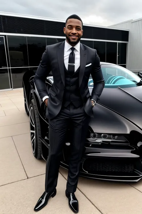 a handsome black man takes a photo next to a Bugatti car