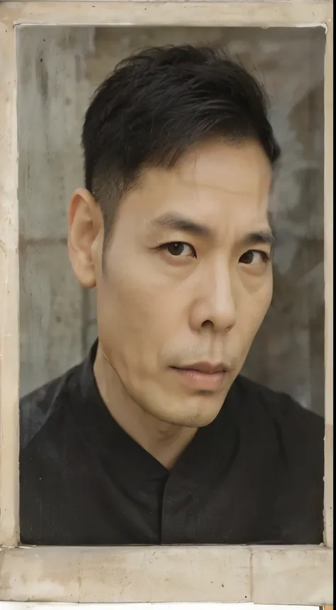 portrait of a asian man, 50 years old, with a serious look on his face, dark short hair, dark brown clothe