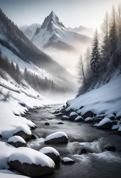 Scenery photography,snow mountain,river,light and shadow,FOG,monochromaticity