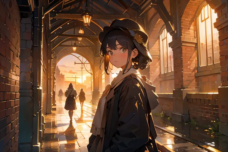 Generate a high-quality illustration featuring a beautiful girl watching the sunset in a brick-built station reminiscent of the Industrial Revolution-era Britain. Ensure that the overall composition exudes a sense of nostalgia and intricacy, with attention...