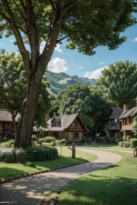 a real photo of house under the giant tree, a real photo of a small village with a big tree, tree town, town background, made of tree and fantasy valley, official art, distant village background, high detailed official artwork, character art of maple story...