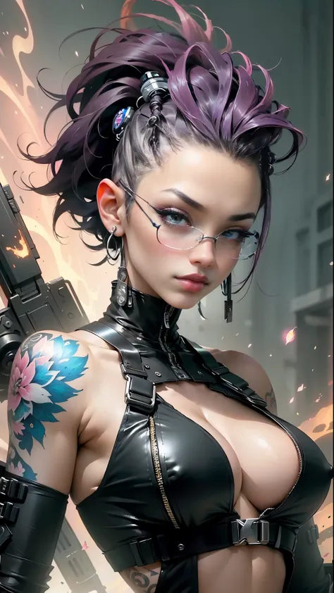 (masterpiece, top quality, best quality, official art, beautiful, cosmic, atmospheric, psychedelic, dreamlike and aesthetic:1.2), (1girl, black punk rock mohawk hair, tons of tattoos and piercings, accentuated super huge enormously gigantic tits, cleavage ...