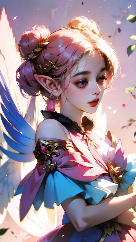 wear pink and black clothes、anime girl with wings and pink background, elf character, fairy, forest fairy, flower fairy, brunett...