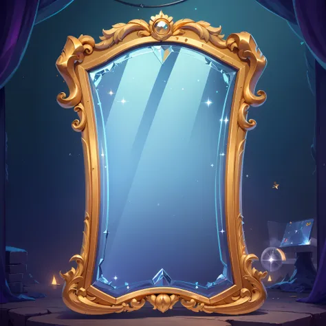 a big magic mirror, golden frame, rectangular mirror, four rounded edges, standing on the ground, cartoon style, (front: 1.6), p...