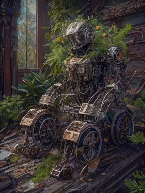 (la best quality,high resolution,super detailed,actual),old abandoned robot in a wheelchair，covered with plants（ （（a masterpiece...