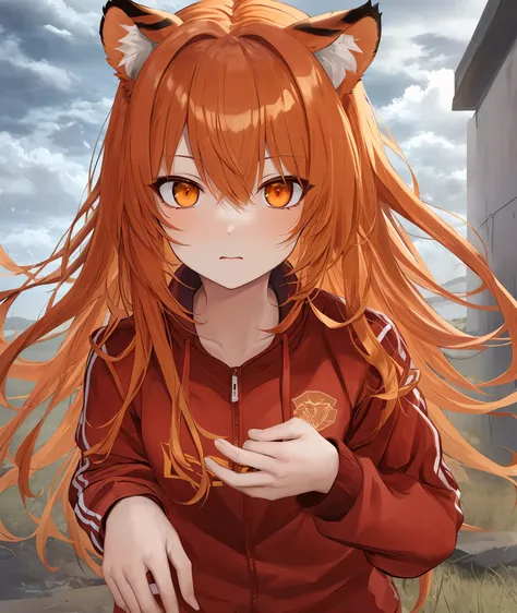 (masterpiece), best quality, expressive eyes, perfect face, details, solo, tiger girl, tiger ears, tiger tail, long hair, bushy hair, orange hair, orange eyes, orange tracksuit, morning, field, cloudy