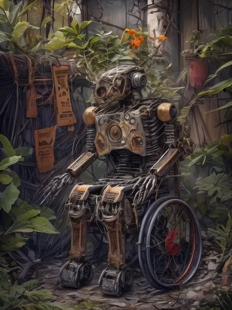 (la best quality,high resolution,super detailed,actual),old abandoned robot in a wheelchair，covered with plants（ （（a masterpiece...