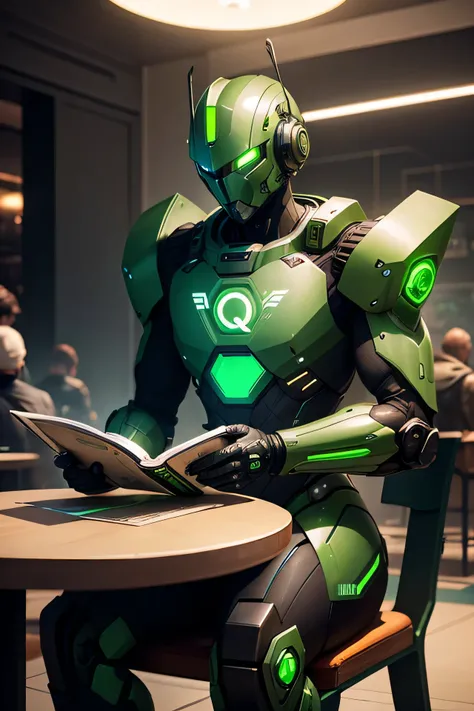 futuristic Green cyber robot, Q logo on armor, sitting on a chair reading a book inside a cafe with people in the backgrund, friendly lighting and good atmosphere, coffe on the table