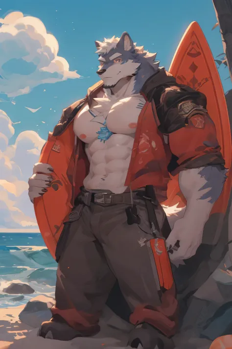 a close up of a man in a bathing suit holding a surfboard, fluffy chest, muscular werewolf, furry chest, furry body, super buff and cool, fluffy body, thick furry neck and chest fluff, his palms are sweaty, sfw version, ripped, gigachad muscular, at the be...