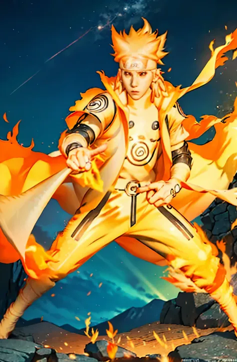 1male, naruto uzumaki kcm, glowing orange aura, orange vfx, full body, dark black background with lightning ,standing stance fis...