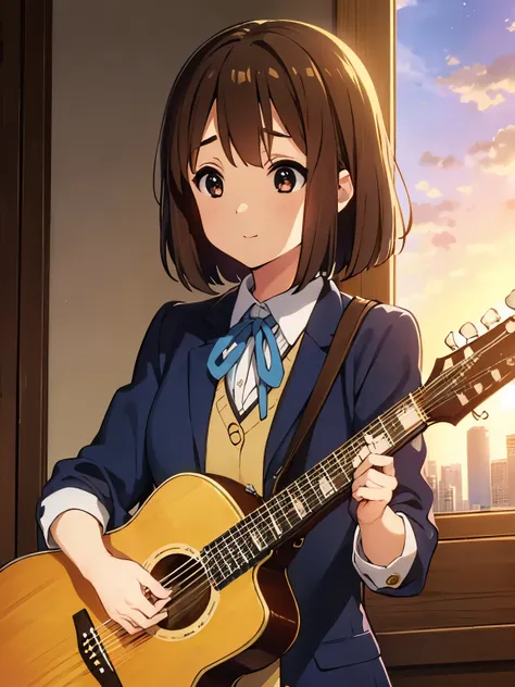 1girl, (((​masterpiece))), top-quality, top-quality, High Details, Hirasawa Yui, 1girl, Sakuragaoka High School Uniform, student clothes, two yellow hairpin, short hair, A brown-haired, brown-eyed, glasses, solo, reddish, Dark blue blazer with thin blue ri...