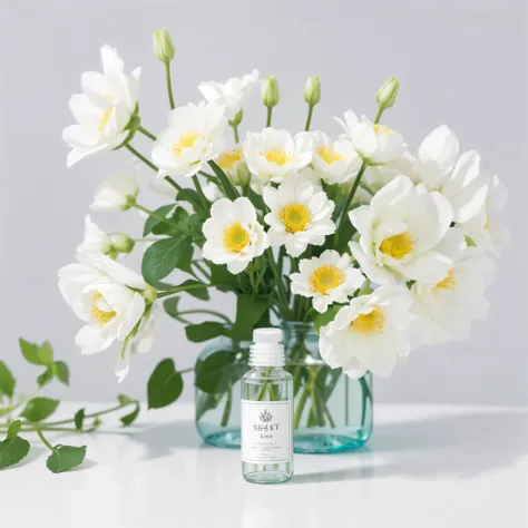 A white bottle，White plastic bottle，Best quality at best， essential oil， florals， Simple and simple background，Hyper-detailing，Ultra photo realsisim，Realism，（Plus products）