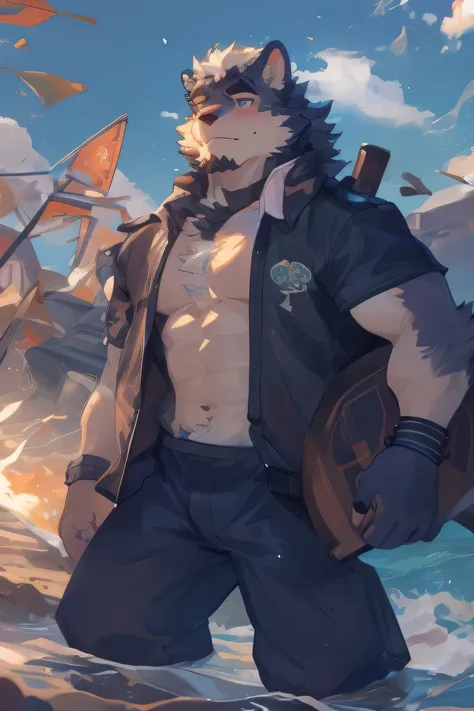 a close up of a man in a bathing suit holding a surfboard, fluffy chest, muscular werewolf, furry chest, furry body, super buff and cool, fluffy body, thick furry neck and chest fluff, his palms are sweaty, sfw version, ripped, gigachad muscular, at the be...