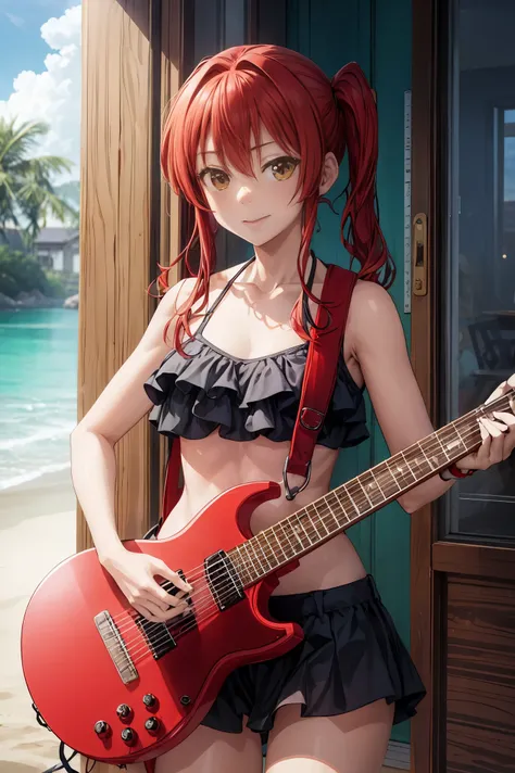 kita ikuyo, sole, red hair, bikini, home, holding a guitar, happy, eye contact