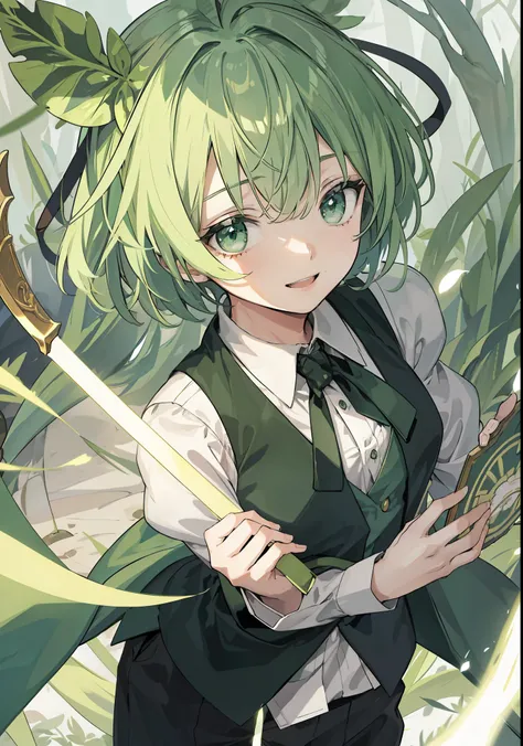  big green ribbon on head、(fantasy:1.4), (anime), ((Highly detailed 8K illustrations)), High resolution, (Highly detailed and beautiful background), Super precise painting, professional illustration, A big smile、smile、smiling、Super precise depiction, Super...