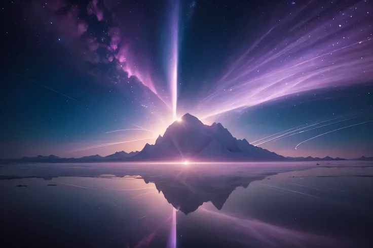 Solar Pillarystical glows rising or descending from the Sun created by ice crystals. These ethereal pillars of light, shimmering in delicate hues of pink and purple, form a mesmerizing display against the radiant backdrop of the celestial body. The image, ...