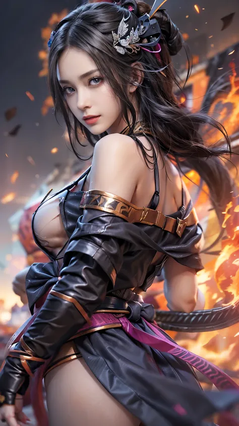 (RAW shooting, Photoreal:1.5, 8k, highest quality, masterpiece, ultra high resolution), Sengoku, fire事, いたるところで燃え上がる戦fire:1.3, perfect dynamic composition:1.2, Highly detailed skin and facial textures:1.2, Slim female ninja with a sharp dagger:1.3, Fight:1...